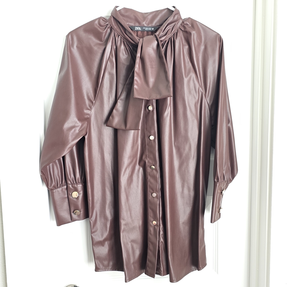 Zara Faux Leather Tie-Neck Blouse in Deep Mauve